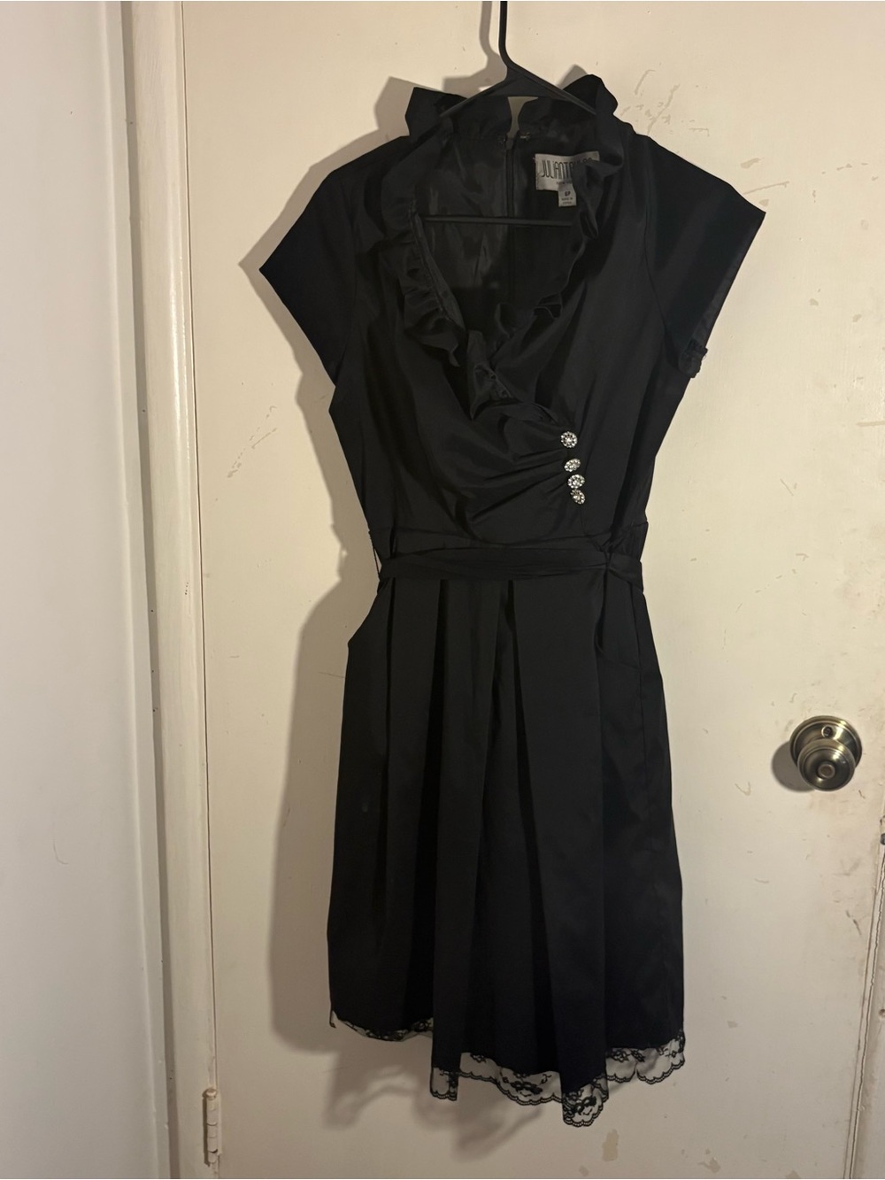 Julian Taylor Black Ruffled Wrap Dress with Decorative Buttons